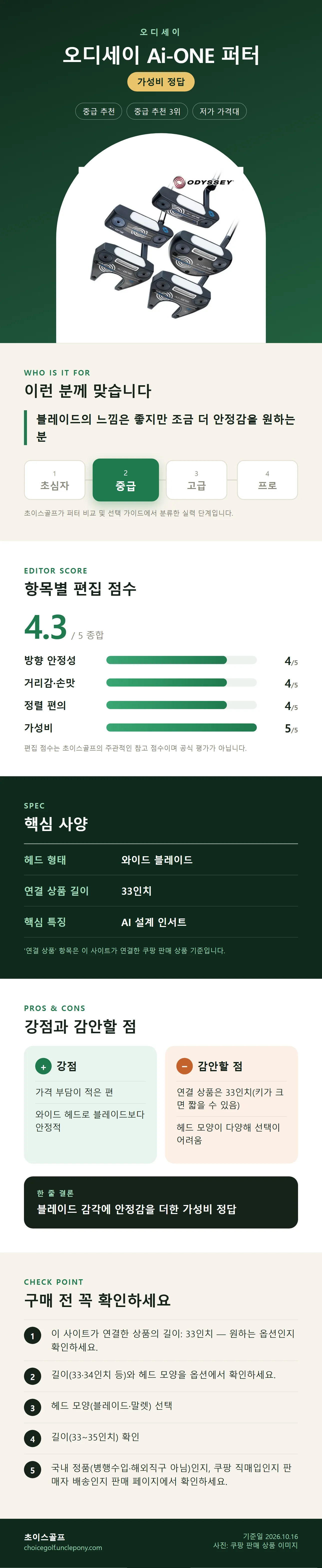 오디세이 Ai-ONE 퍼터 상세 정보: 추천 대상, 항목별 편집 점수, 핵심 사양, 강점과 감안할 점, 구매 전 확인