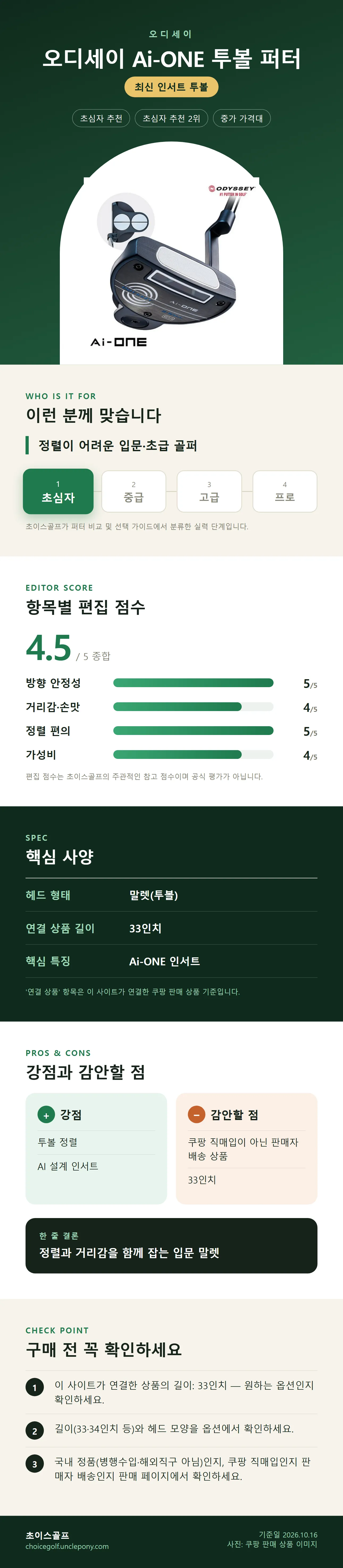 오디세이 Ai-ONE 투볼 퍼터 상세 정보: 추천 대상, 항목별 편집 점수, 핵심 사양, 강점과 감안할 점, 구매 전 확인