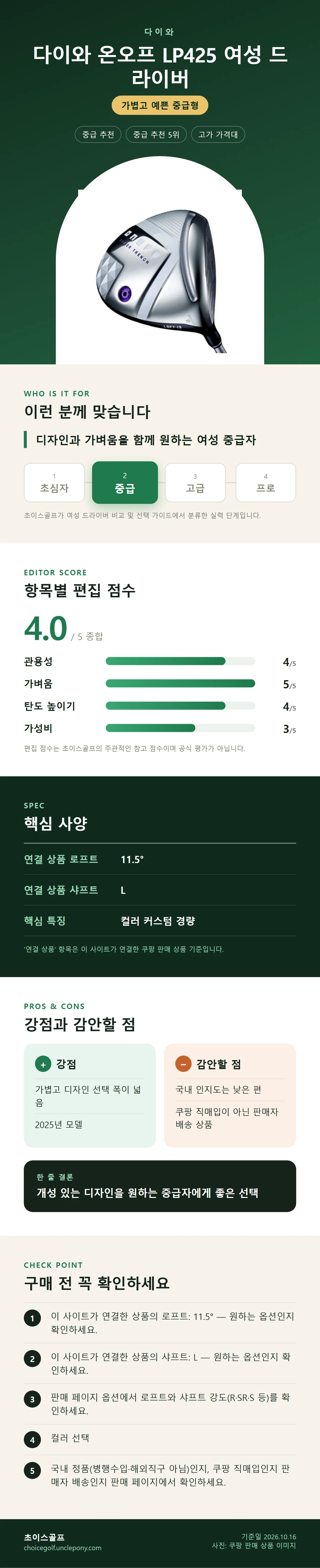다이와 온오프 LP425 여성 드라이버 상세 정보: 추천 대상, 항목별 편집 점수, 핵심 사양, 강점과 감안할 점, 구매 전 확인