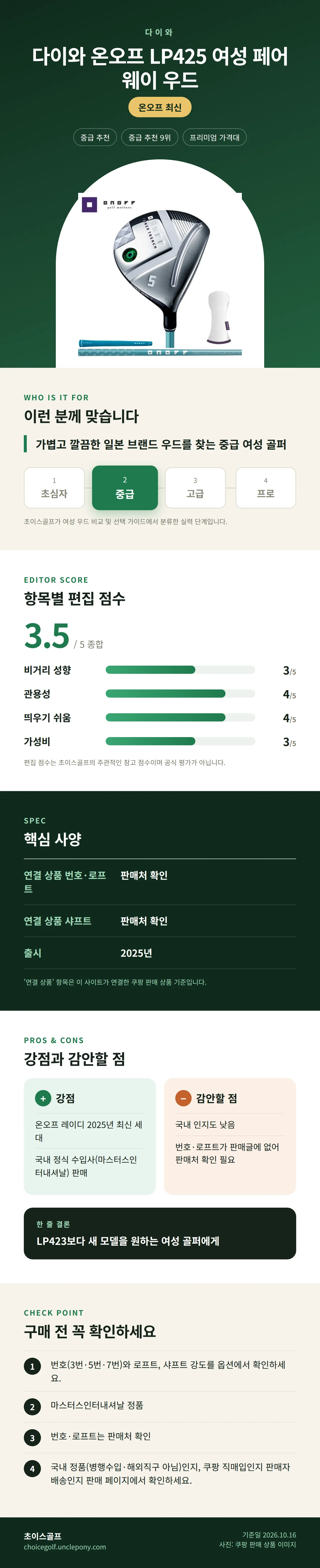 다이와 온오프 LP425 여성 페어웨이 우드 상세 정보: 추천 대상, 항목별 편집 점수, 핵심 사양, 강점과 감안할 점, 구매 전 확인