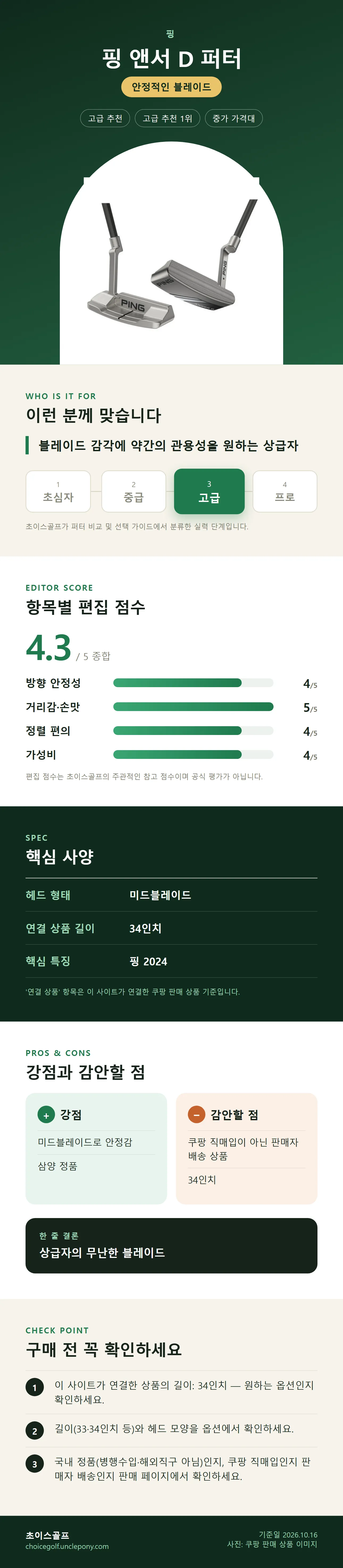 핑 앤서 D 퍼터 상세 정보: 추천 대상, 항목별 편집 점수, 핵심 사양, 강점과 감안할 점, 구매 전 확인