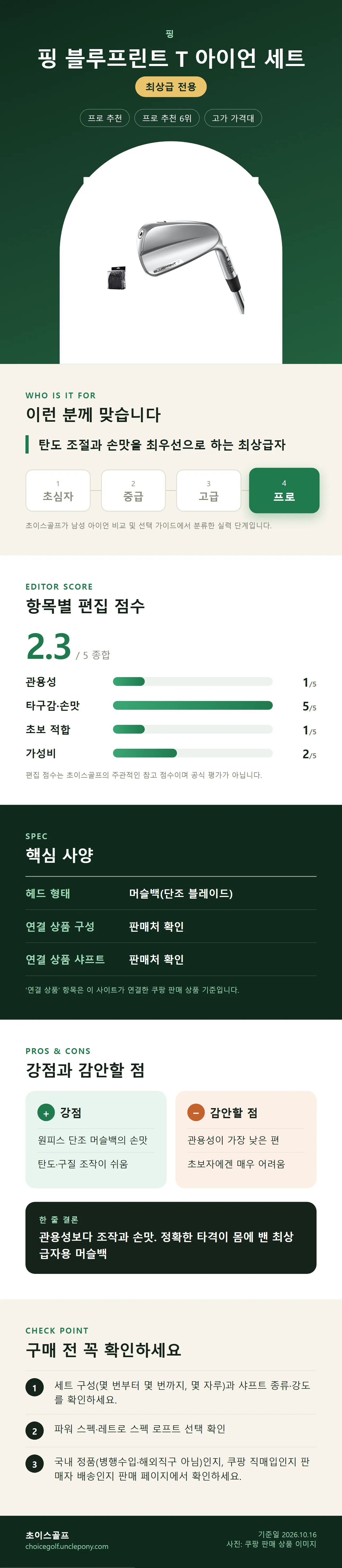 핑 블루프린트 T 아이언 세트 상세 정보: 추천 대상, 항목별 편집 점수, 핵심 사양, 강점과 감안할 점, 구매 전 확인