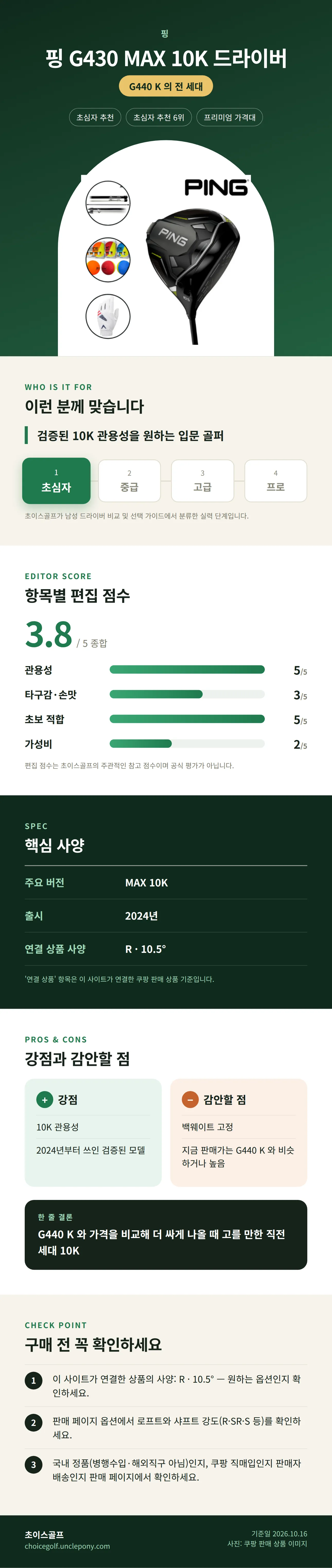 핑 G430 MAX 10K 드라이버 상세 정보: 추천 대상, 항목별 편집 점수, 핵심 사양, 강점과 감안할 점, 구매 전 확인