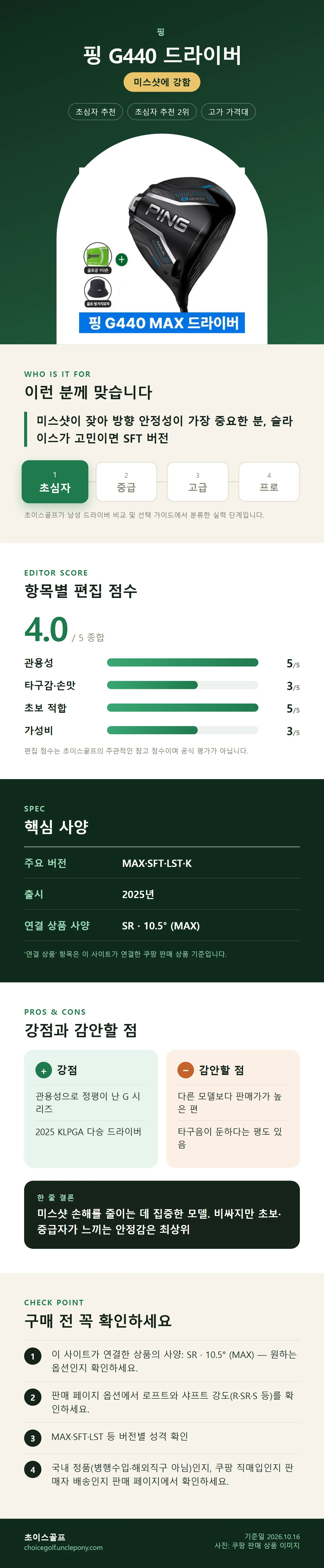 핑 G440 드라이버 상세 정보: 추천 대상, 항목별 편집 점수, 핵심 사양, 강점과 감안할 점, 구매 전 확인