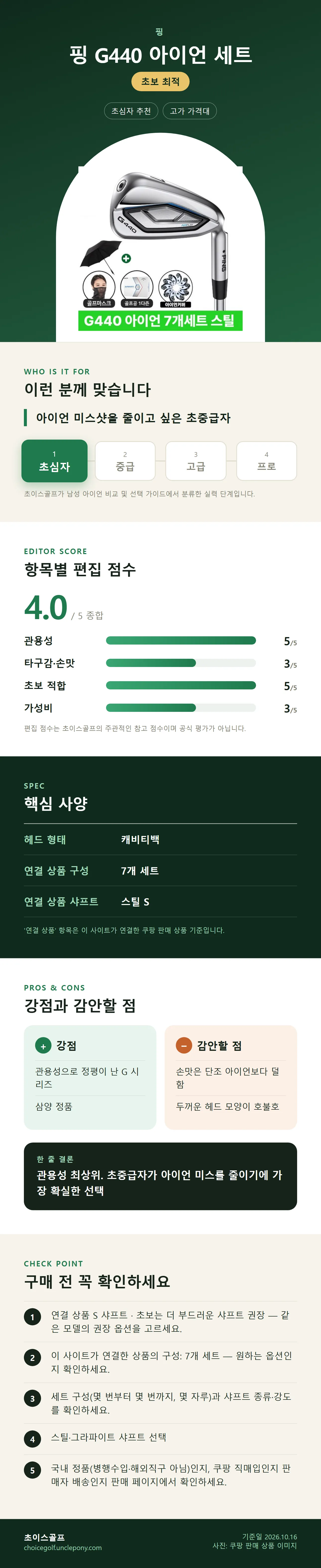 핑 G440 아이언 세트 상세 정보: 추천 대상, 항목별 편집 점수, 핵심 사양, 강점과 감안할 점, 구매 전 확인