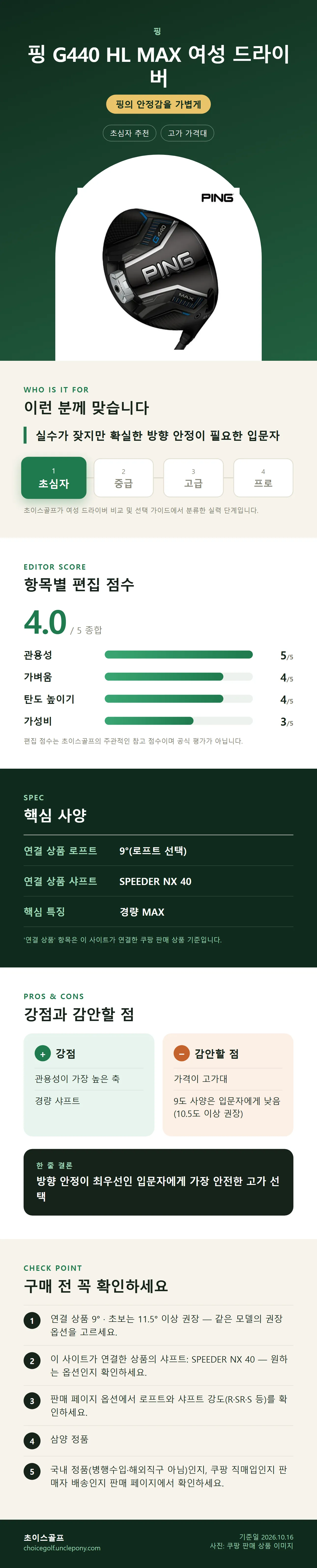 핑 G440 HL MAX 여성 드라이버 상세 정보: 추천 대상, 항목별 편집 점수, 핵심 사양, 강점과 감안할 점, 구매 전 확인