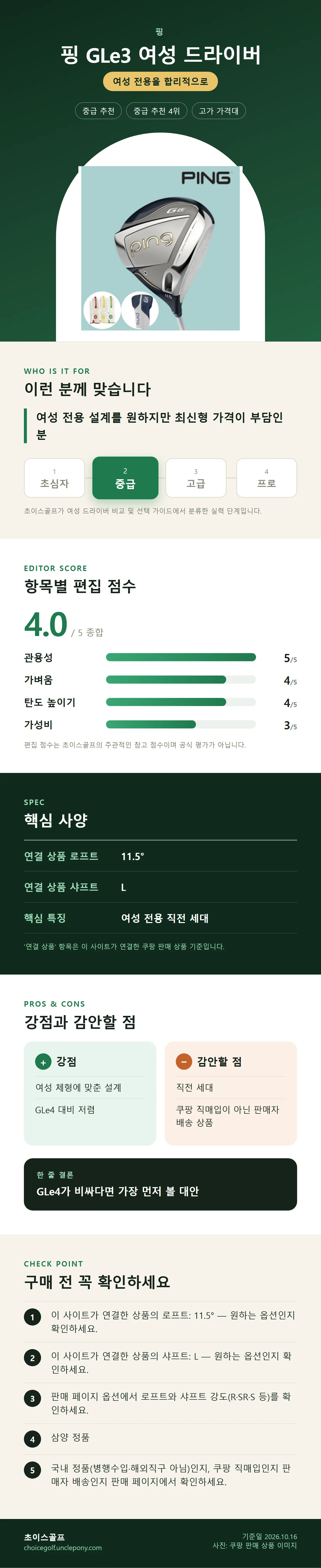 핑 GLe3 여성 드라이버 상세 정보: 추천 대상, 항목별 편집 점수, 핵심 사양, 강점과 감안할 점, 구매 전 확인