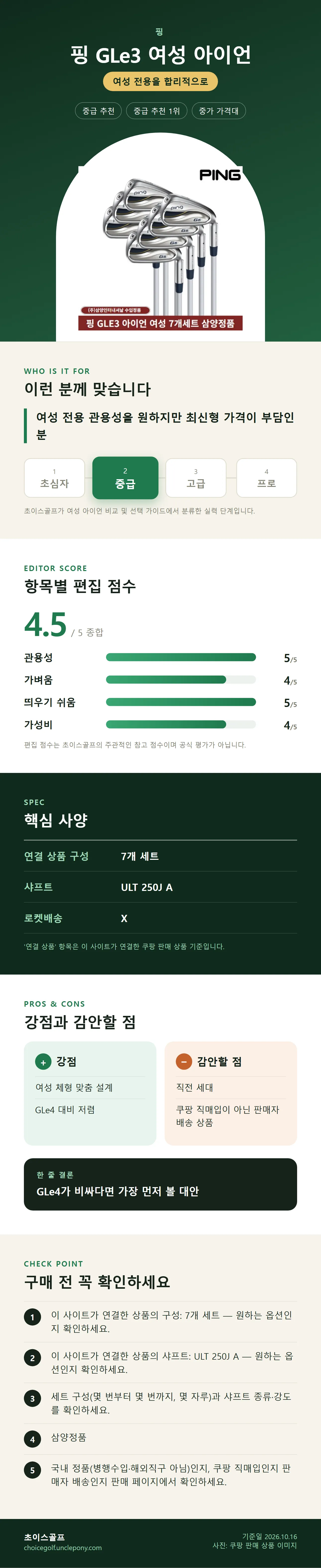 핑 GLe3 여성 아이언 상세 정보: 추천 대상, 항목별 편집 점수, 핵심 사양, 강점과 감안할 점, 구매 전 확인