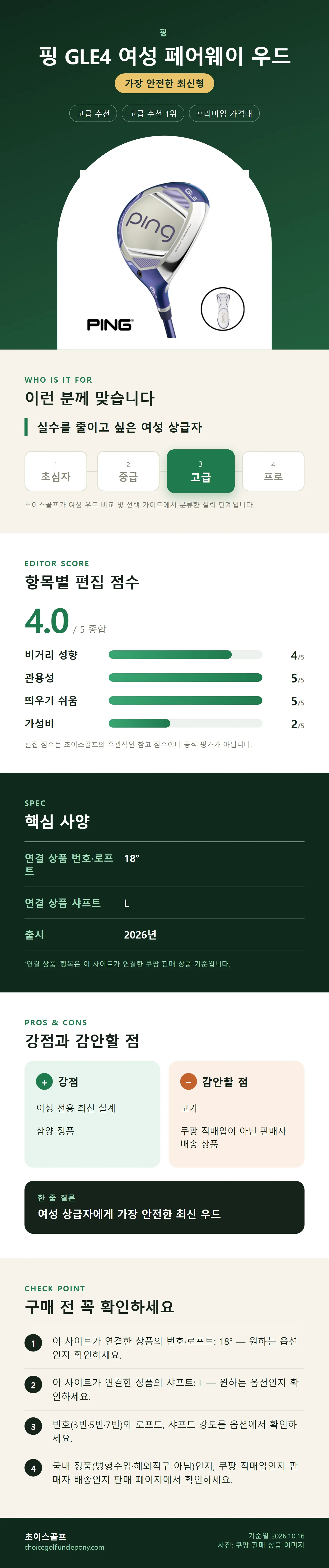 핑 GLE4 여성 페어웨이 우드 상세 정보: 추천 대상, 항목별 편집 점수, 핵심 사양, 강점과 감안할 점, 구매 전 확인