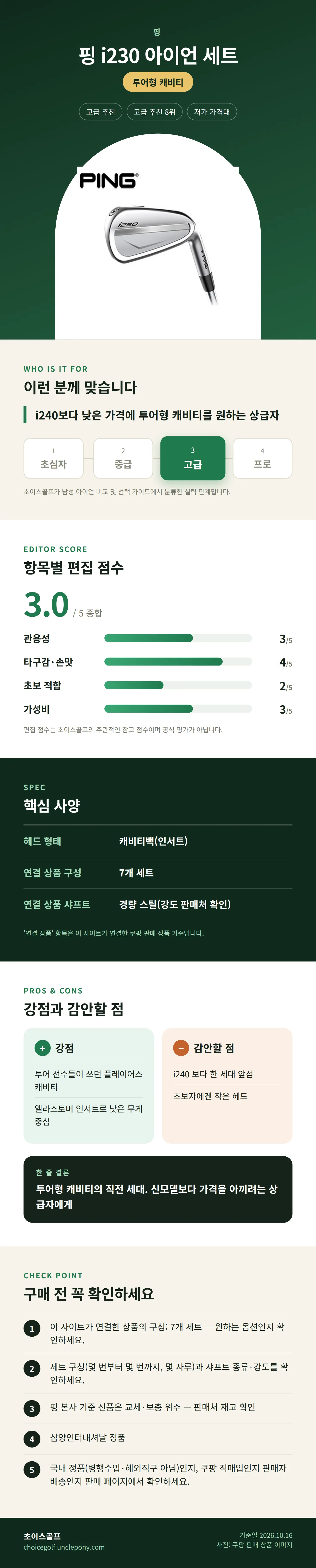 핑 i230 아이언 세트 상세 정보: 추천 대상, 항목별 편집 점수, 핵심 사양, 강점과 감안할 점, 구매 전 확인