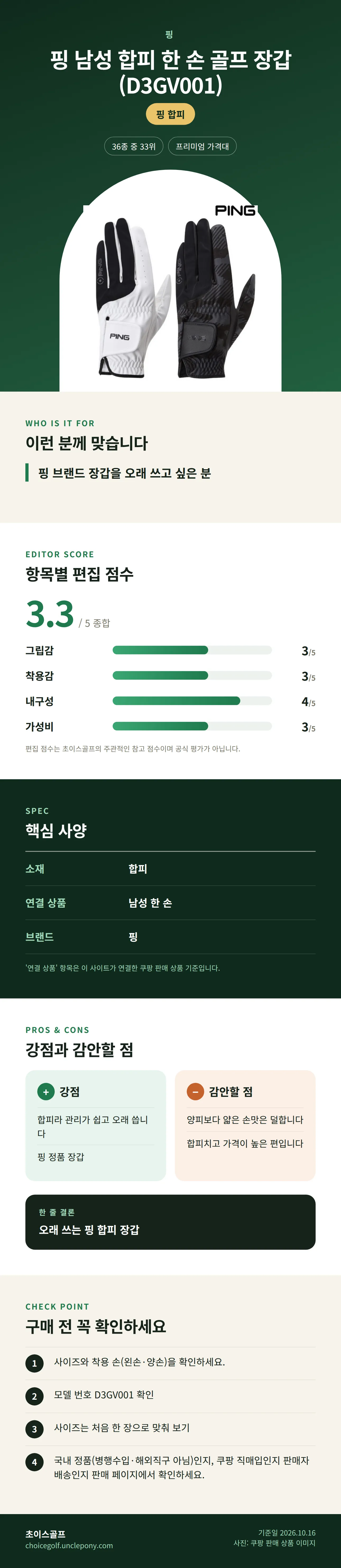 핑 남성 합피 한 손 골프 장갑 (D3GV001) 상세 정보: 추천 대상, 항목별 편집 점수, 핵심 사양, 강점과 감안할 점, 구매 전 확인