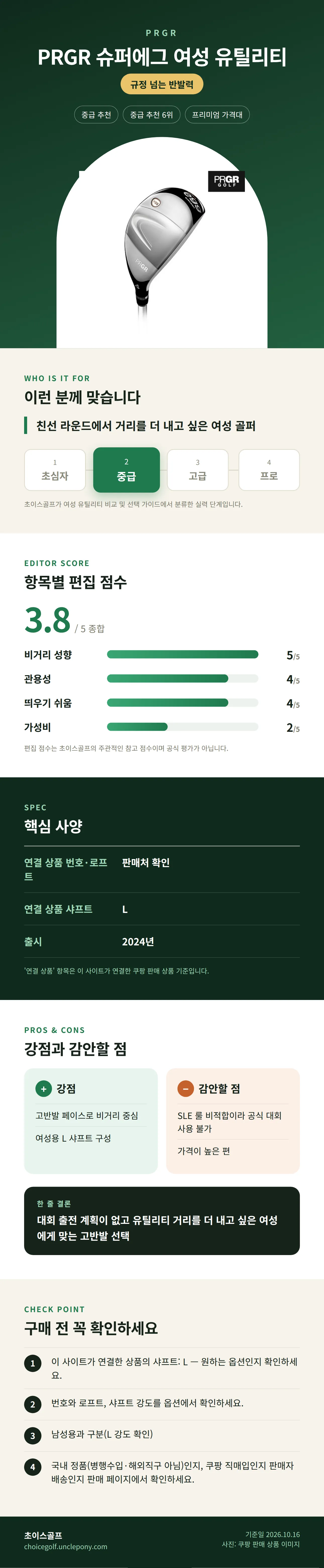 PRGR 슈퍼에그 여성 유틸리티 상세 정보: 추천 대상, 항목별 편집 점수, 핵심 사양, 강점과 감안할 점, 구매 전 확인