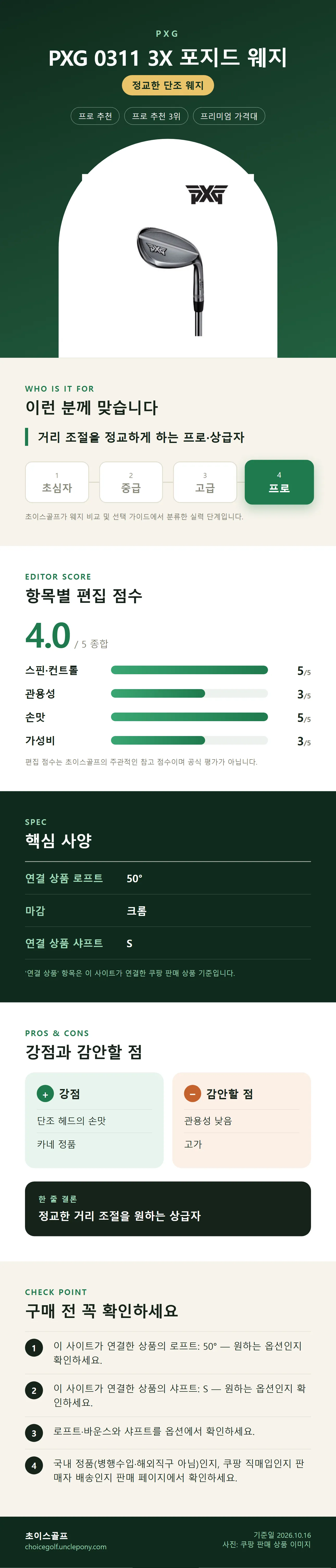 PXG 0311 3X 포지드 웨지 상세 정보: 추천 대상, 항목별 편집 점수, 핵심 사양, 강점과 감안할 점, 구매 전 확인