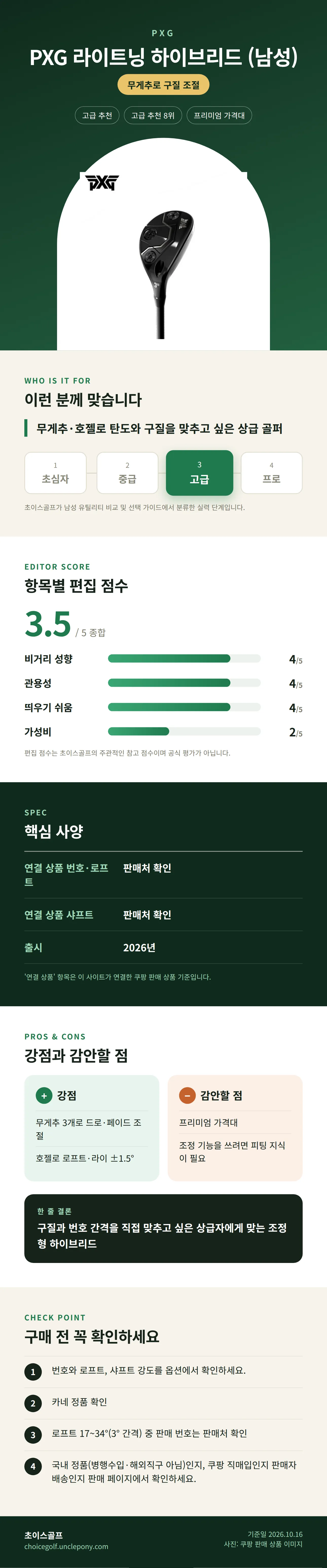 PXG 라이트닝 하이브리드 (남성) 상세 정보: 추천 대상, 항목별 편집 점수, 핵심 사양, 강점과 감안할 점, 구매 전 확인