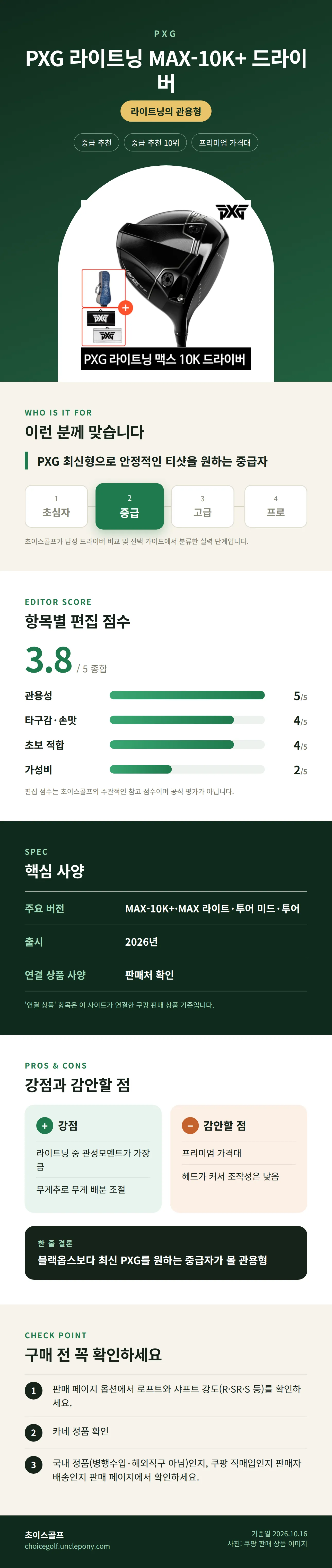 PXG 라이트닝 MAX-10K+ 드라이버 상세 정보: 추천 대상, 항목별 편집 점수, 핵심 사양, 강점과 감안할 점, 구매 전 확인