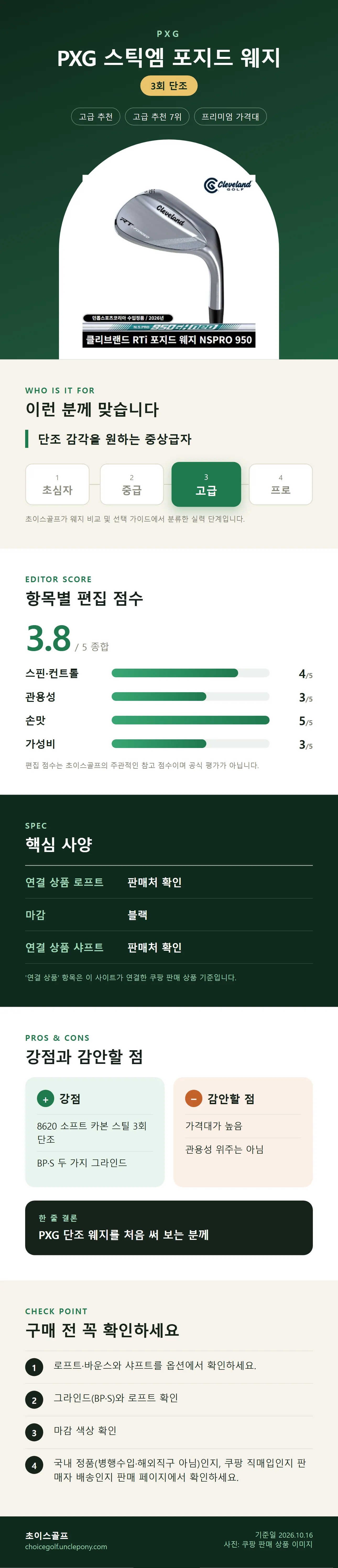 PXG 스틱엠 포지드 웨지 상세 정보: 추천 대상, 항목별 편집 점수, 핵심 사양, 강점과 감안할 점, 구매 전 확인