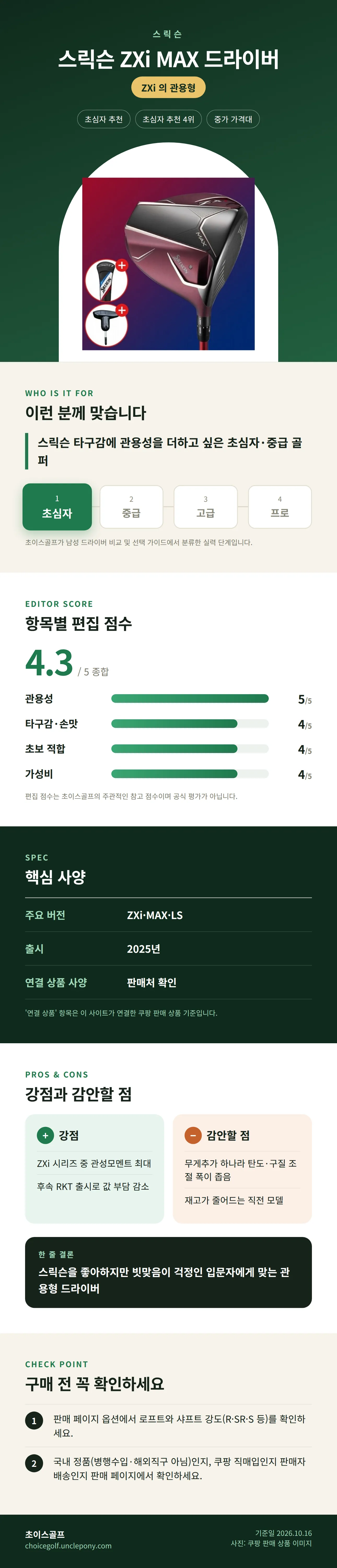 스릭슨 ZXi MAX 드라이버 상세 정보: 추천 대상, 항목별 편집 점수, 핵심 사양, 강점과 감안할 점, 구매 전 확인