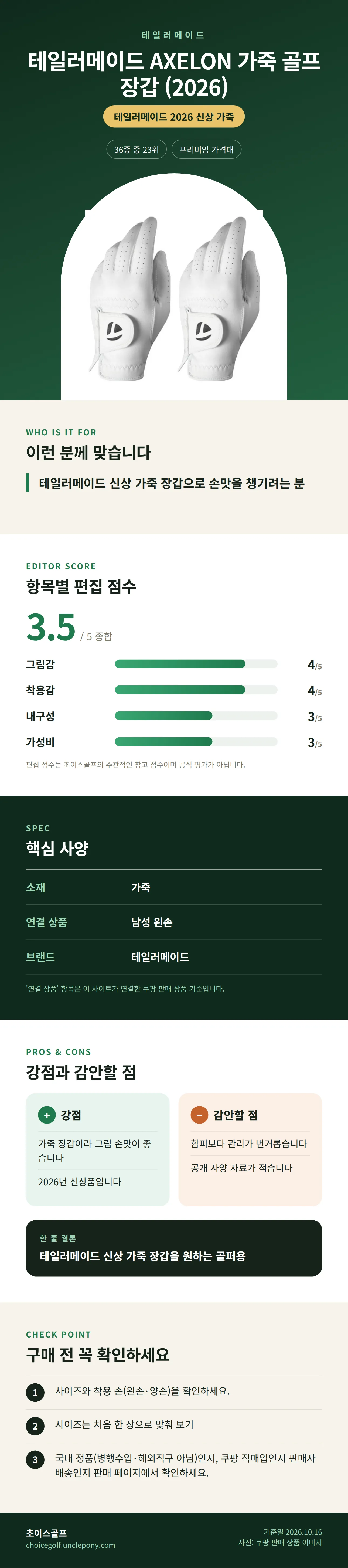 테일러메이드 AXELON 가죽 골프 장갑 (2026) 상세 정보: 추천 대상, 항목별 편집 점수, 핵심 사양, 강점과 감안할 점, 구매 전 확인