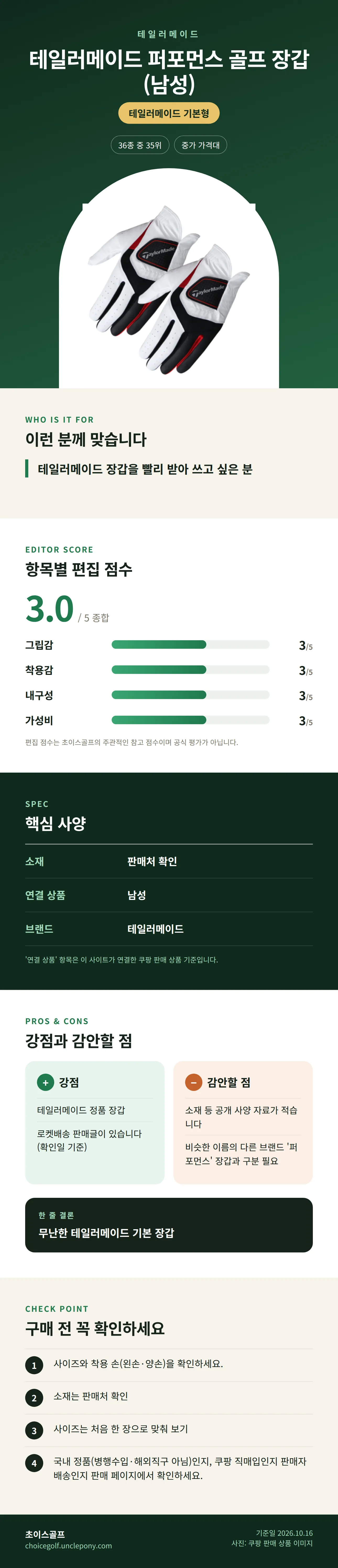 테일러메이드 퍼포먼스 골프 장갑 (남성) 상세 정보: 추천 대상, 항목별 편집 점수, 핵심 사양, 강점과 감안할 점, 구매 전 확인
