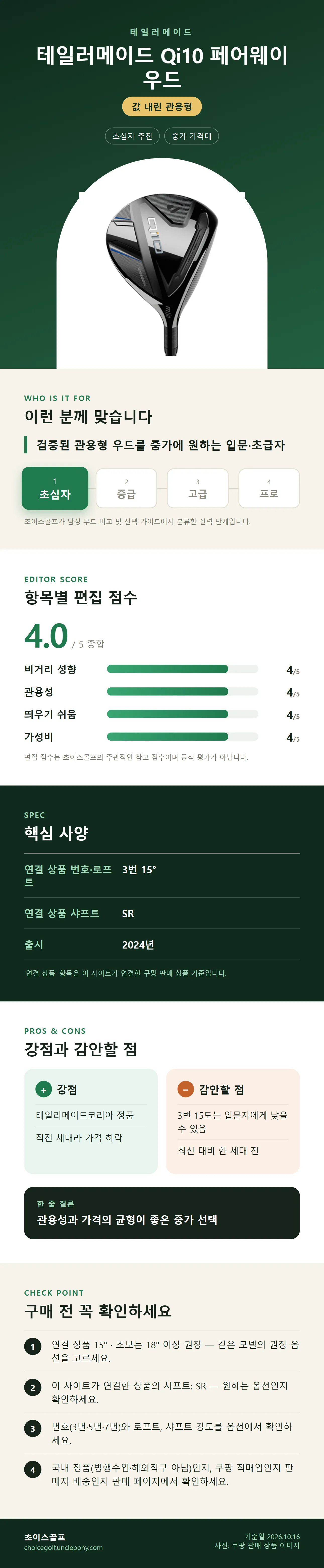 테일러메이드 Qi10 페어웨이 우드 상세 정보: 추천 대상, 항목별 편집 점수, 핵심 사양, 강점과 감안할 점, 구매 전 확인