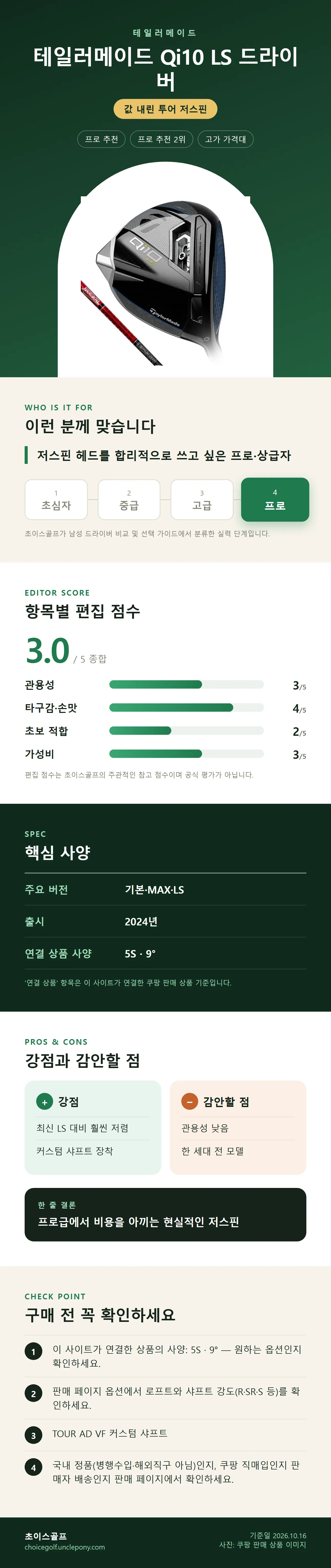 테일러메이드 Qi10 LS 드라이버 상세 정보: 추천 대상, 항목별 편집 점수, 핵심 사양, 강점과 감안할 점, 구매 전 확인