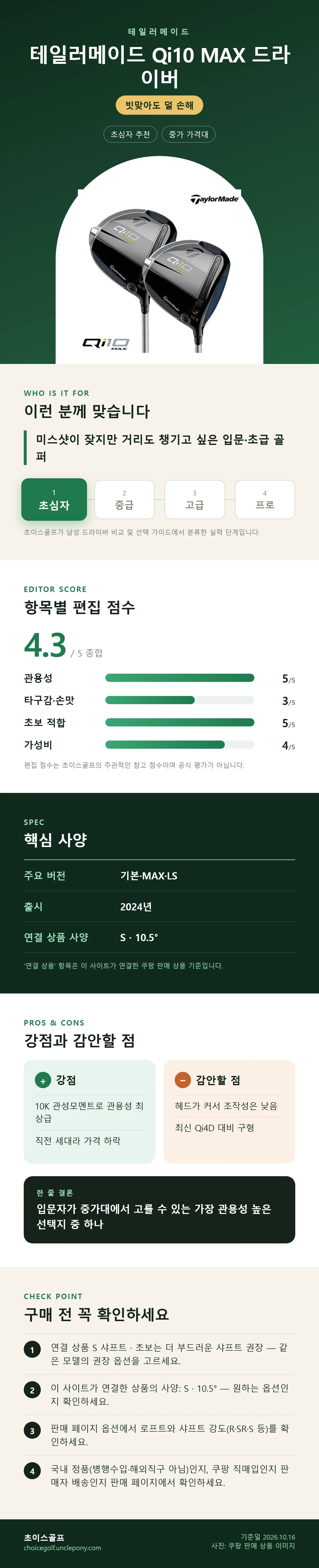 테일러메이드 Qi10 MAX 드라이버 상세 정보: 추천 대상, 항목별 편집 점수, 핵심 사양, 강점과 감안할 점, 구매 전 확인