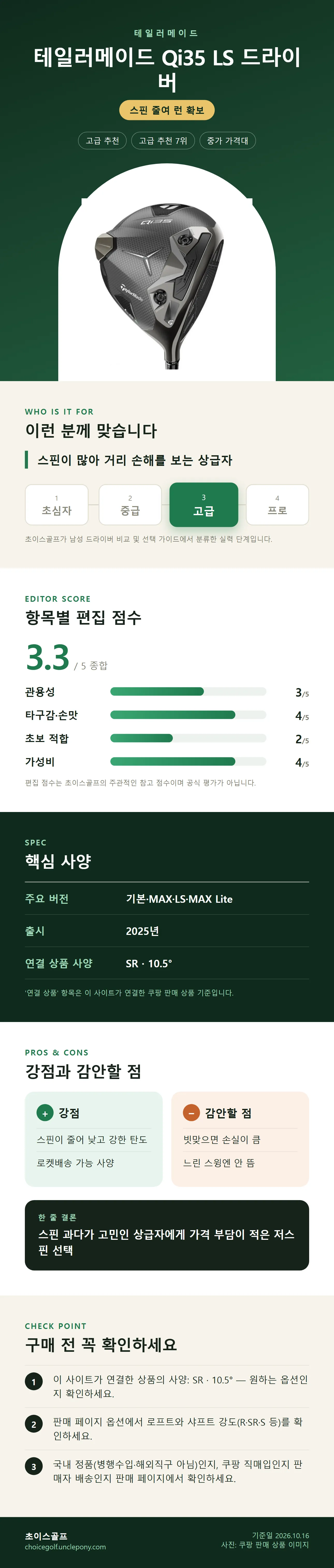 테일러메이드 Qi35 LS 드라이버 상세 정보: 추천 대상, 항목별 편집 점수, 핵심 사양, 강점과 감안할 점, 구매 전 확인