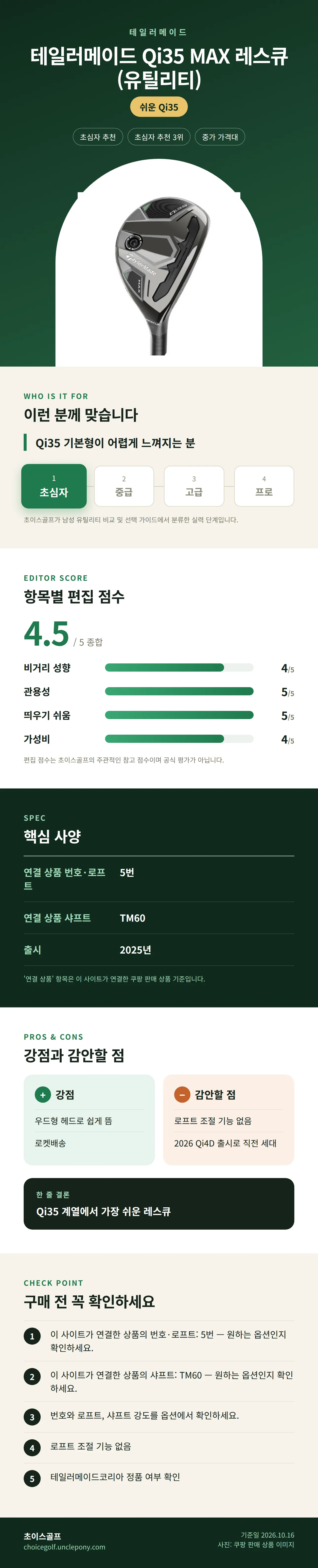 테일러메이드 Qi35 MAX 레스큐(유틸리티) 상세 정보: 추천 대상, 항목별 편집 점수, 핵심 사양, 강점과 감안할 점, 구매 전 확인