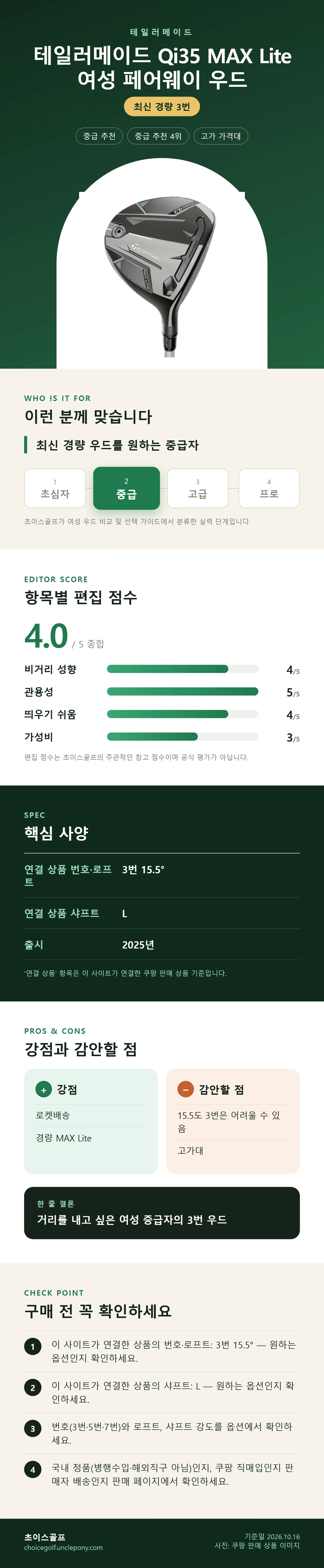 테일러메이드 Qi35 MAX Lite 여성 페어웨이 우드 상세 정보: 추천 대상, 항목별 편집 점수, 핵심 사양, 강점과 감안할 점, 구매 전 확인
