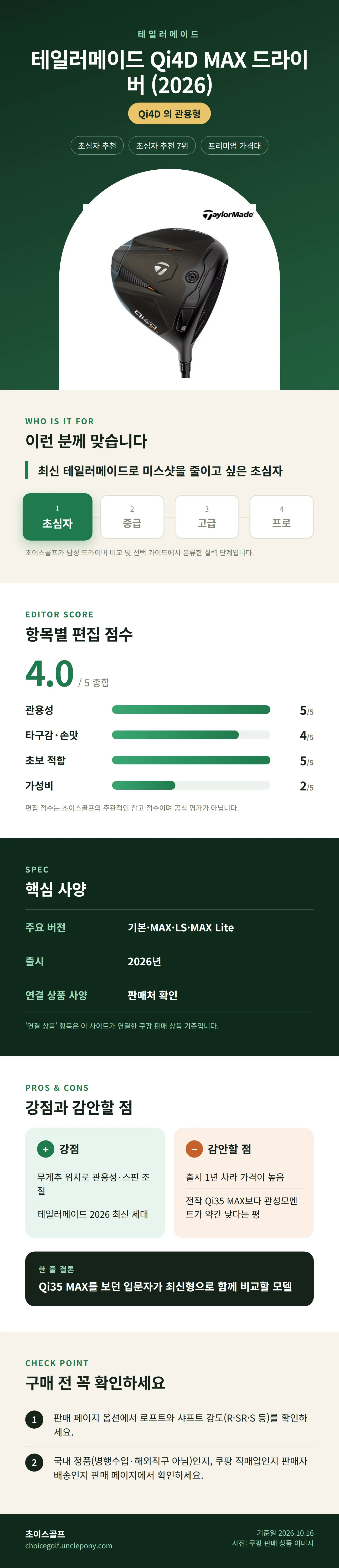 테일러메이드 Qi4D MAX 드라이버 (2026) 상세 정보: 추천 대상, 항목별 편집 점수, 핵심 사양, 강점과 감안할 점, 구매 전 확인