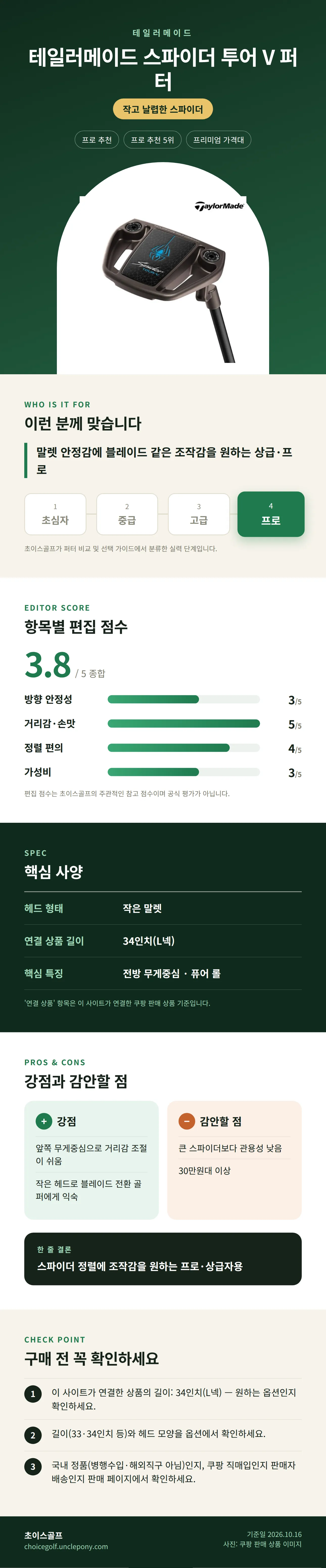 테일러메이드 스파이더 투어 V 퍼터 상세 정보: 추천 대상, 항목별 편집 점수, 핵심 사양, 강점과 감안할 점, 구매 전 확인