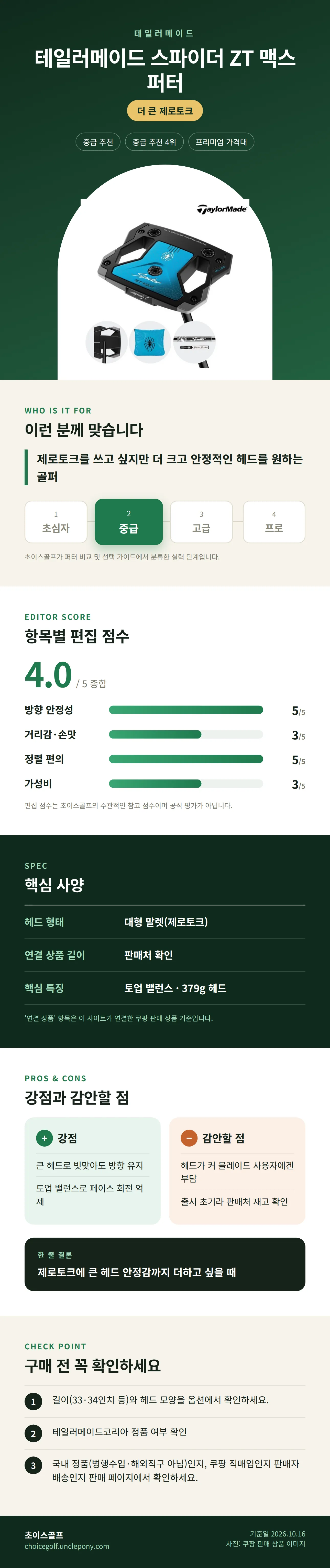 테일러메이드 스파이더 ZT 맥스 퍼터 상세 정보: 추천 대상, 항목별 편집 점수, 핵심 사양, 강점과 감안할 점, 구매 전 확인