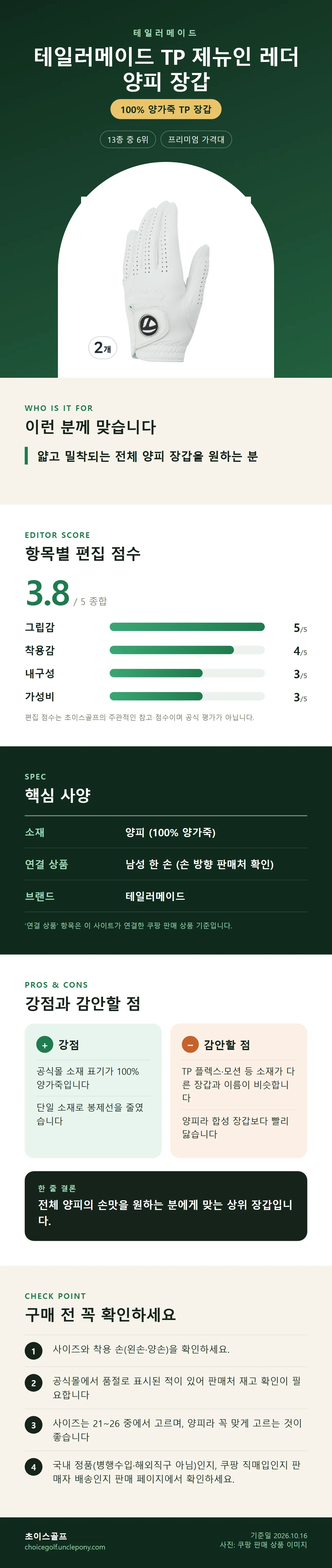 테일러메이드 TP 제뉴인 레더 양피 장갑 상세 정보: 추천 대상, 항목별 편집 점수, 핵심 사양, 강점과 감안할 점, 구매 전 확인