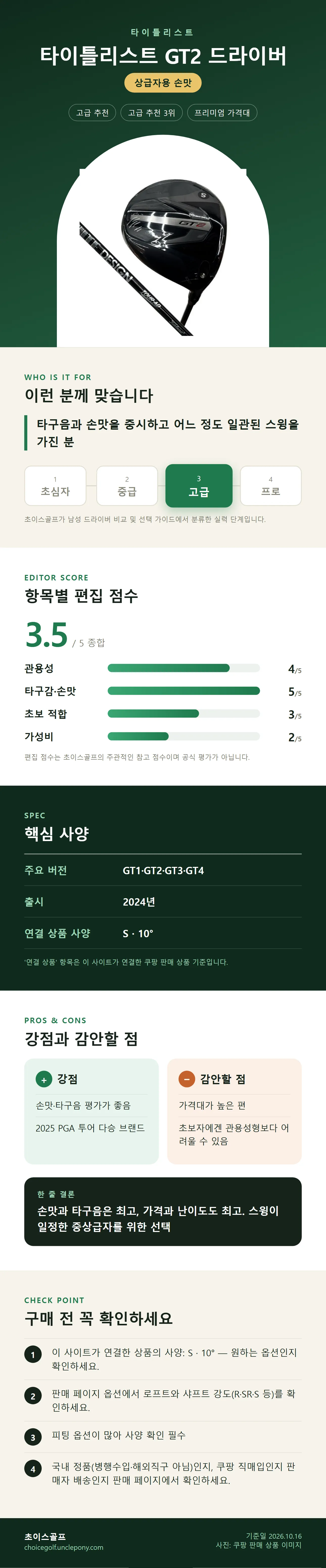 타이틀리스트 GT2 드라이버 상세 정보: 추천 대상, 항목별 편집 점수, 핵심 사양, 강점과 감안할 점, 구매 전 확인