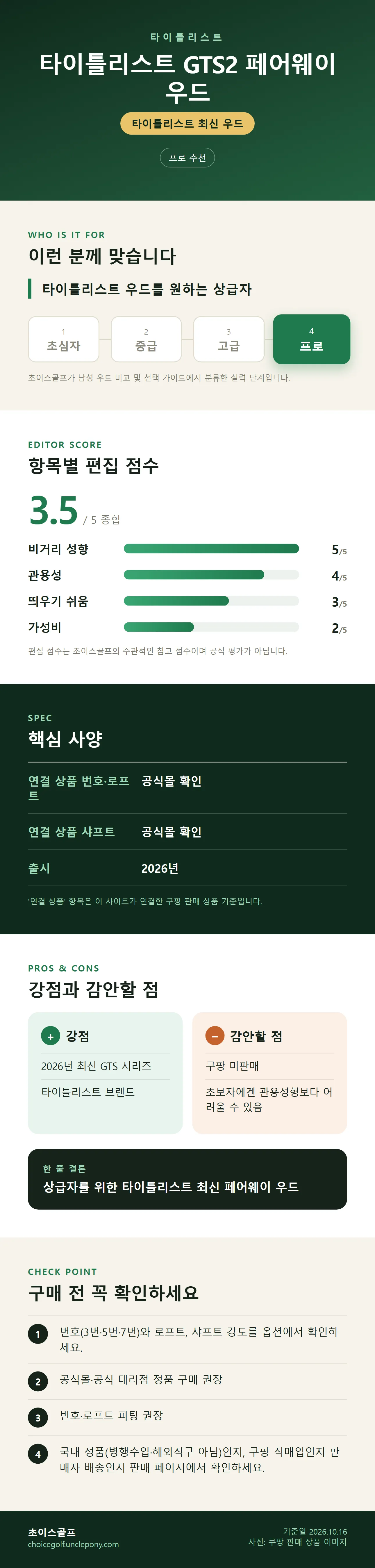 타이틀리스트 GTS2 페어웨이 우드 상세 정보: 추천 대상, 항목별 편집 점수, 핵심 사양, 강점과 감안할 점, 구매 전 확인