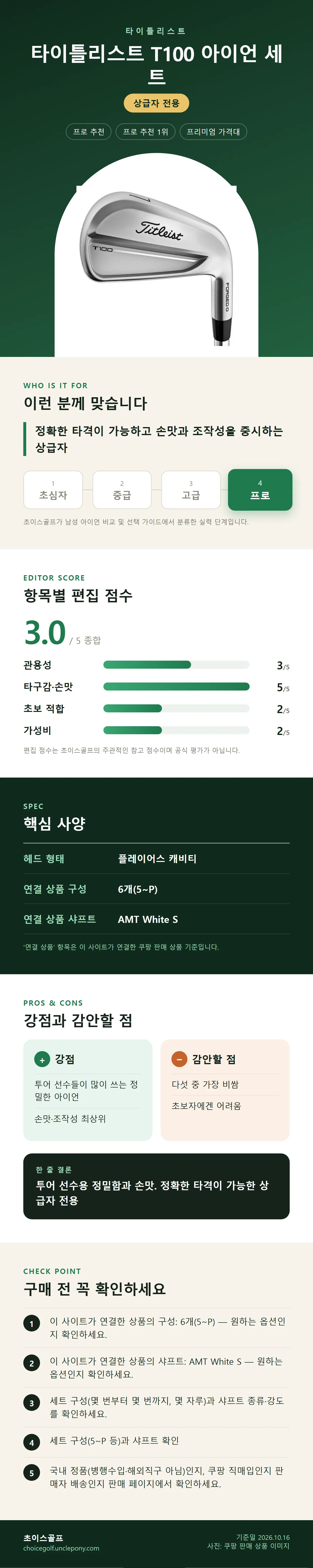 타이틀리스트 T100 아이언 세트 상세 정보: 추천 대상, 항목별 편집 점수, 핵심 사양, 강점과 감안할 점, 구매 전 확인