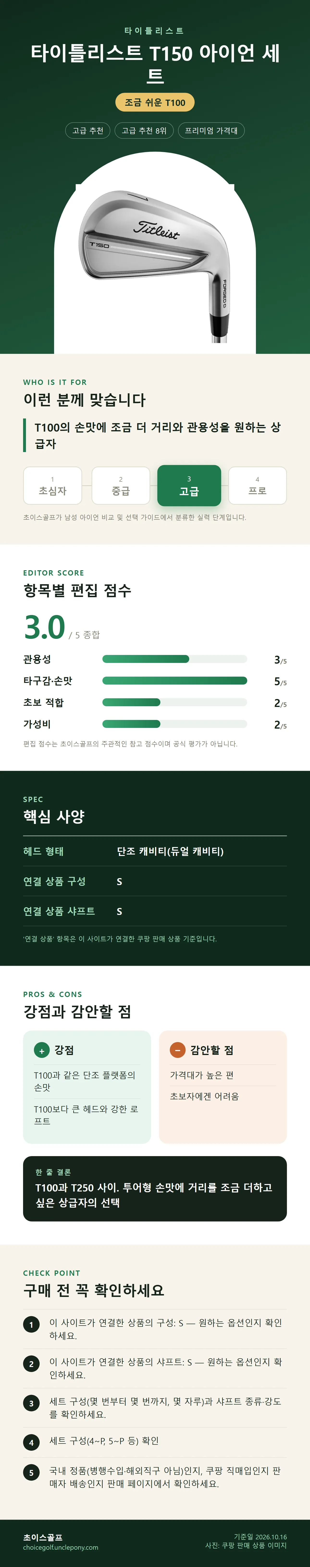 타이틀리스트 T150 아이언 세트 상세 정보: 추천 대상, 항목별 편집 점수, 핵심 사양, 강점과 감안할 점, 구매 전 확인