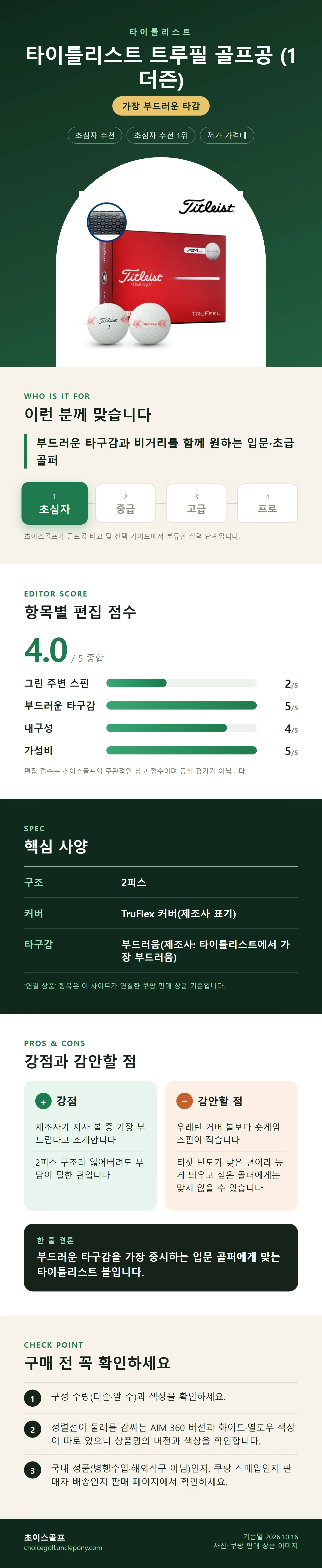 타이틀리스트 트루필 골프공 (1더즌) 상세 정보: 추천 대상, 항목별 편집 점수, 핵심 사양, 강점과 감안할 점, 구매 전 확인