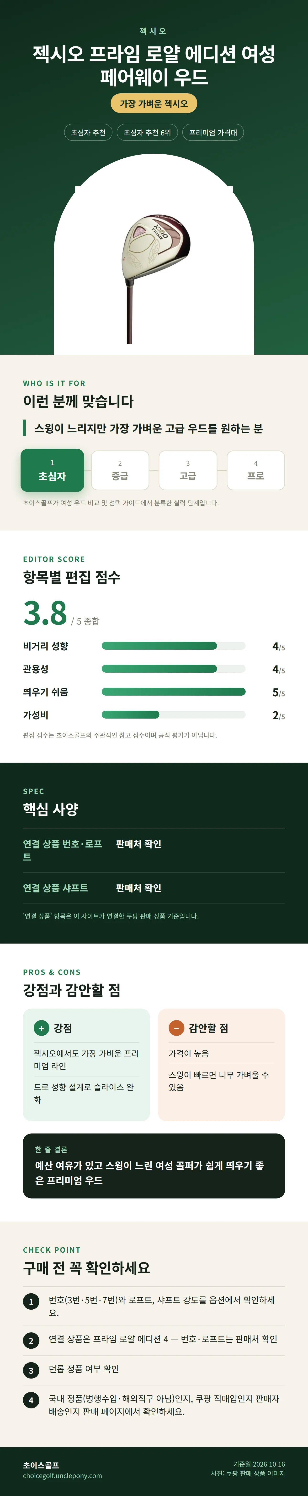 젝시오 프라임 로얄 에디션 여성 페어웨이 우드 상세 정보: 추천 대상, 항목별 편집 점수, 핵심 사양, 강점과 감안할 점, 구매 전 확인