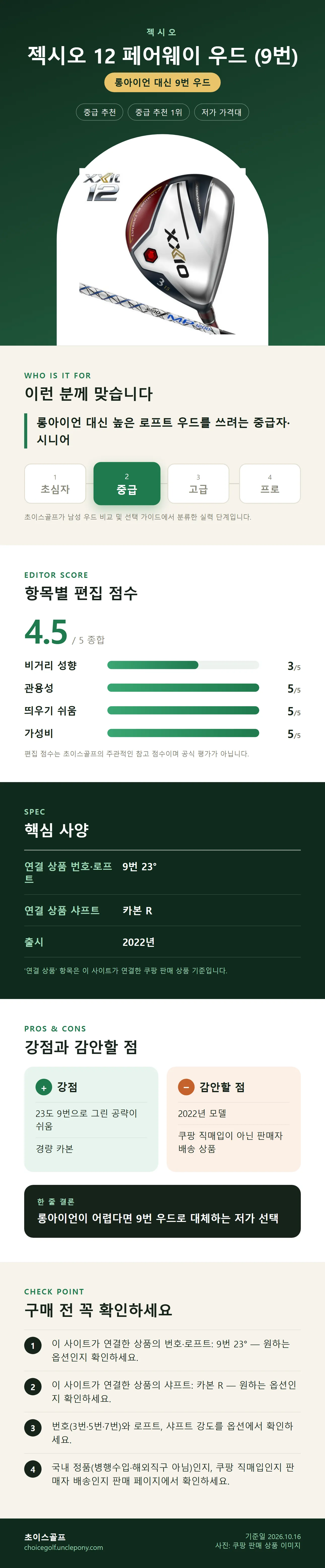젝시오 12 페어웨이 우드 (9번) 상세 정보: 추천 대상, 항목별 편집 점수, 핵심 사양, 강점과 감안할 점, 구매 전 확인