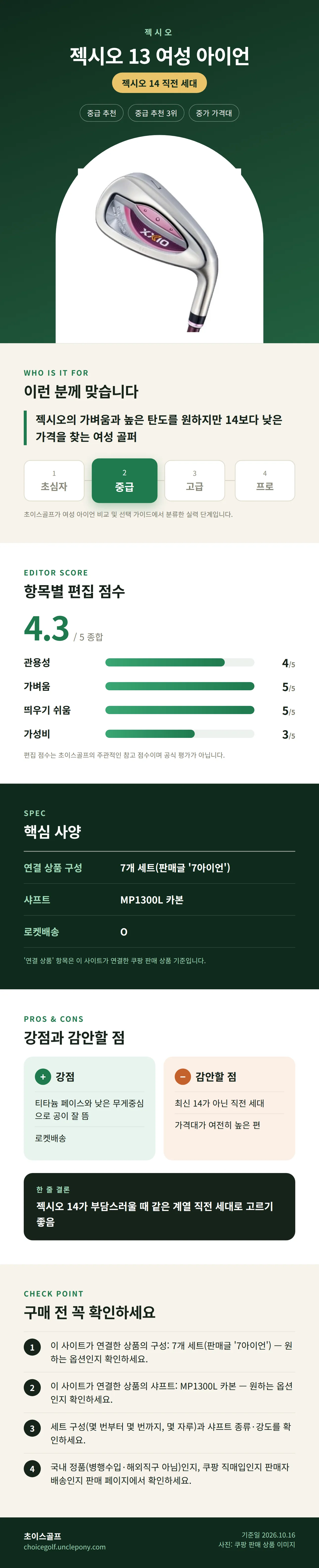 젝시오 13 여성 아이언 상세 정보: 추천 대상, 항목별 편집 점수, 핵심 사양, 강점과 감안할 점, 구매 전 확인