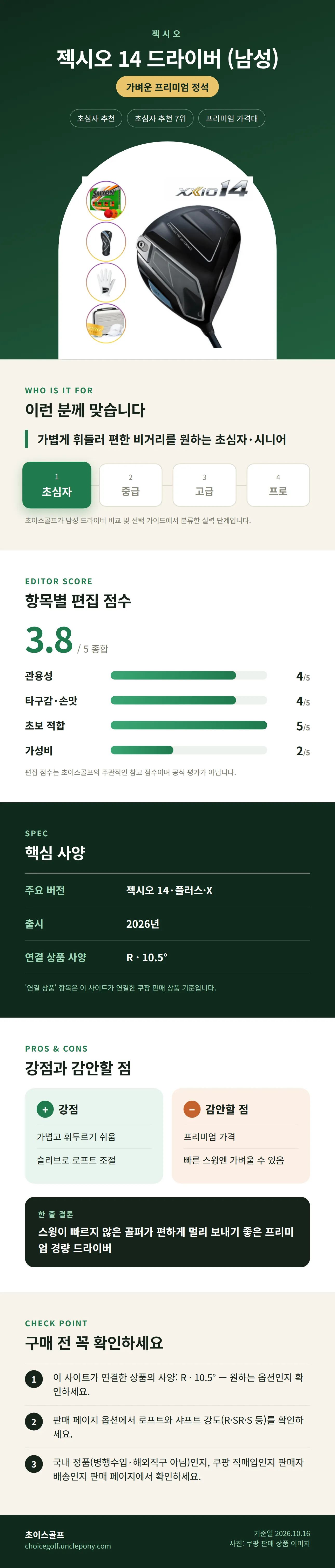 젝시오 14 드라이버 (남성) 상세 정보: 추천 대상, 항목별 편집 점수, 핵심 사양, 강점과 감안할 점, 구매 전 확인