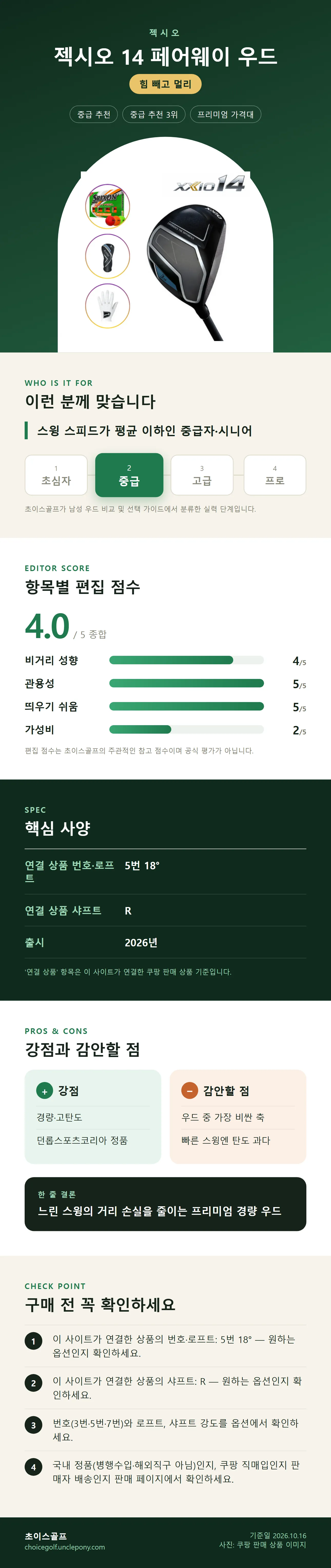 젝시오 14 페어웨이 우드 상세 정보: 추천 대상, 항목별 편집 점수, 핵심 사양, 강점과 감안할 점, 구매 전 확인
