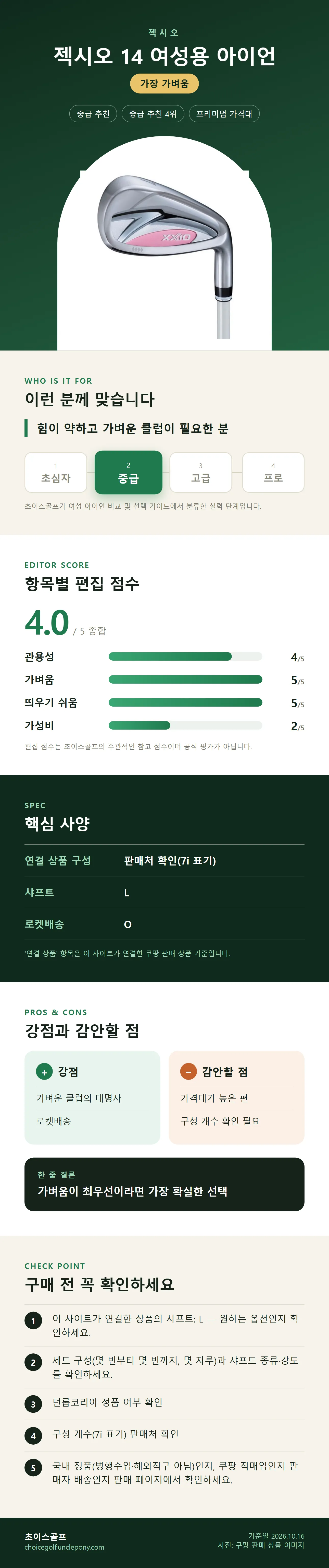 젝시오 14 여성용 아이언 상세 정보: 추천 대상, 항목별 편집 점수, 핵심 사양, 강점과 감안할 점, 구매 전 확인