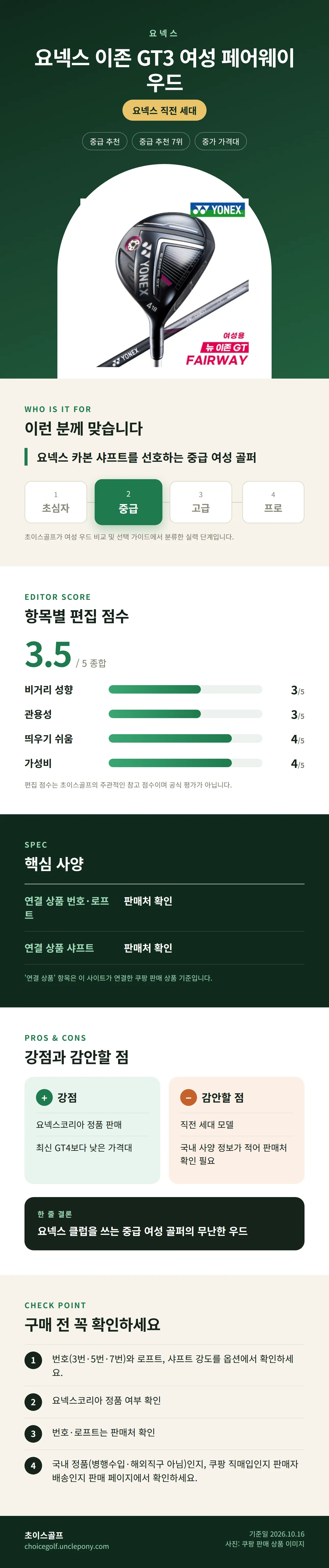 요넥스 이존 GT3 여성 페어웨이 우드 상세 정보: 추천 대상, 항목별 편집 점수, 핵심 사양, 강점과 감안할 점, 구매 전 확인