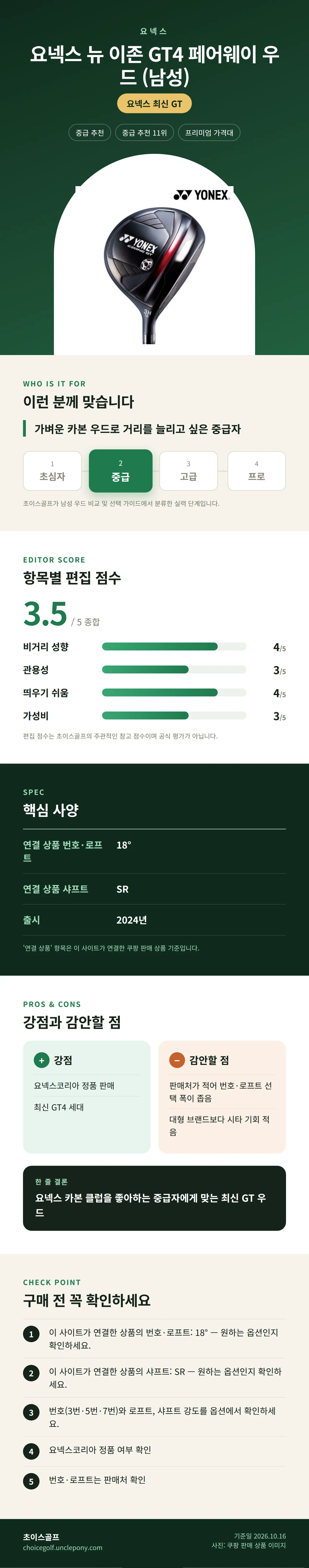 요넥스 뉴 이존 GT4 페어웨이 우드 (남성) 상세 정보: 추천 대상, 항목별 편집 점수, 핵심 사양, 강점과 감안할 점, 구매 전 확인