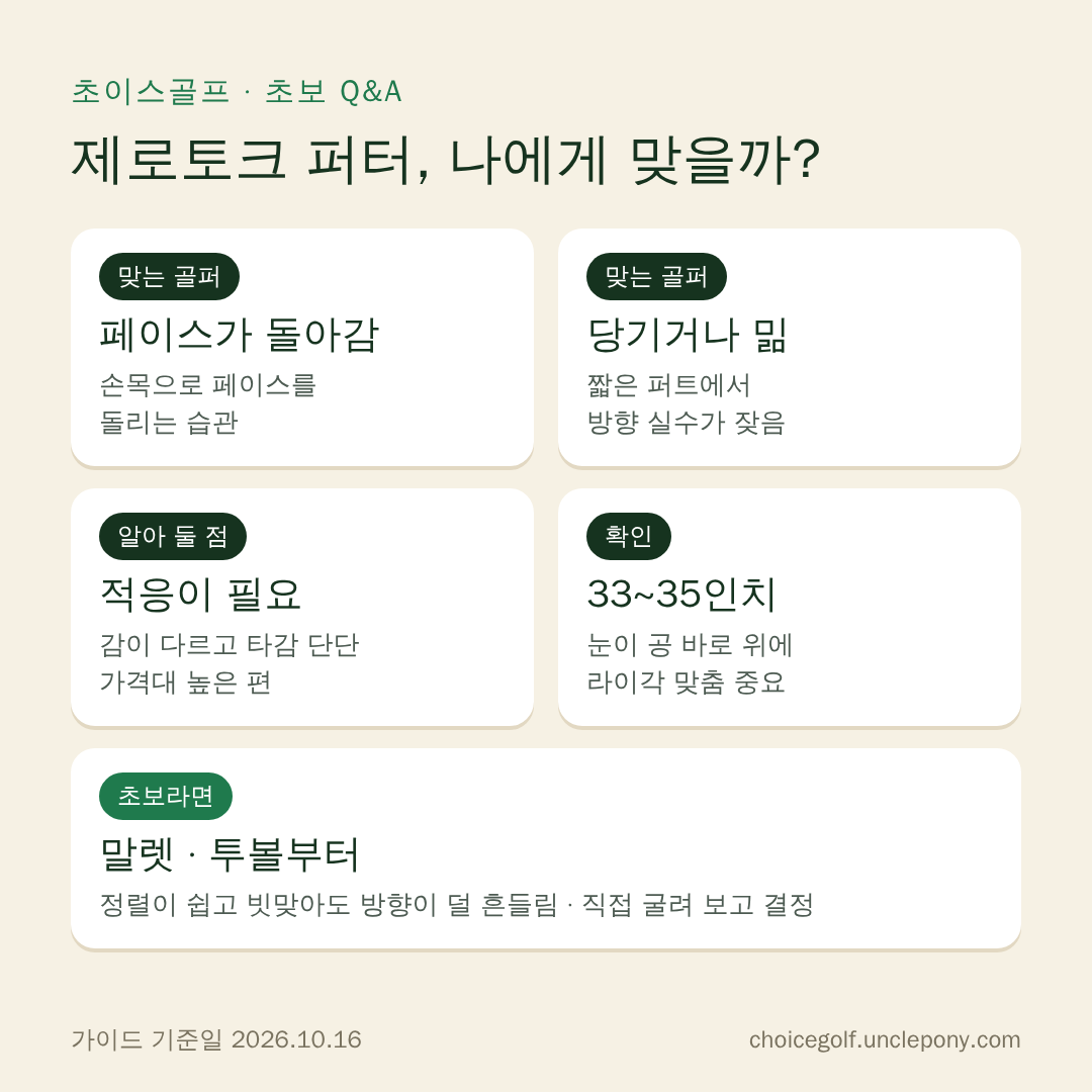 제로토크 퍼터가 맞는 골퍼: 스트로크 중 페이스가 돌아가는 분, 짧은 퍼트에서 당기거나 미는 분. 초보는 말렛·투볼부터