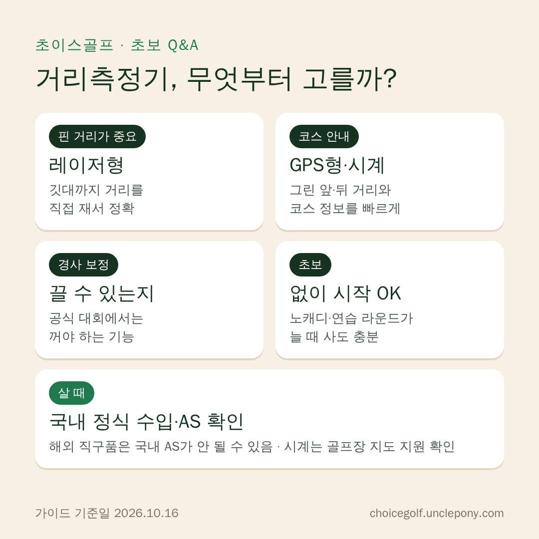 골프 거리측정기 고르는 순서: 핀 거리는 레이저형, 코스 안내는 GPS형, 경사 보정은 끌 수 있는지, 국내 AS 확인